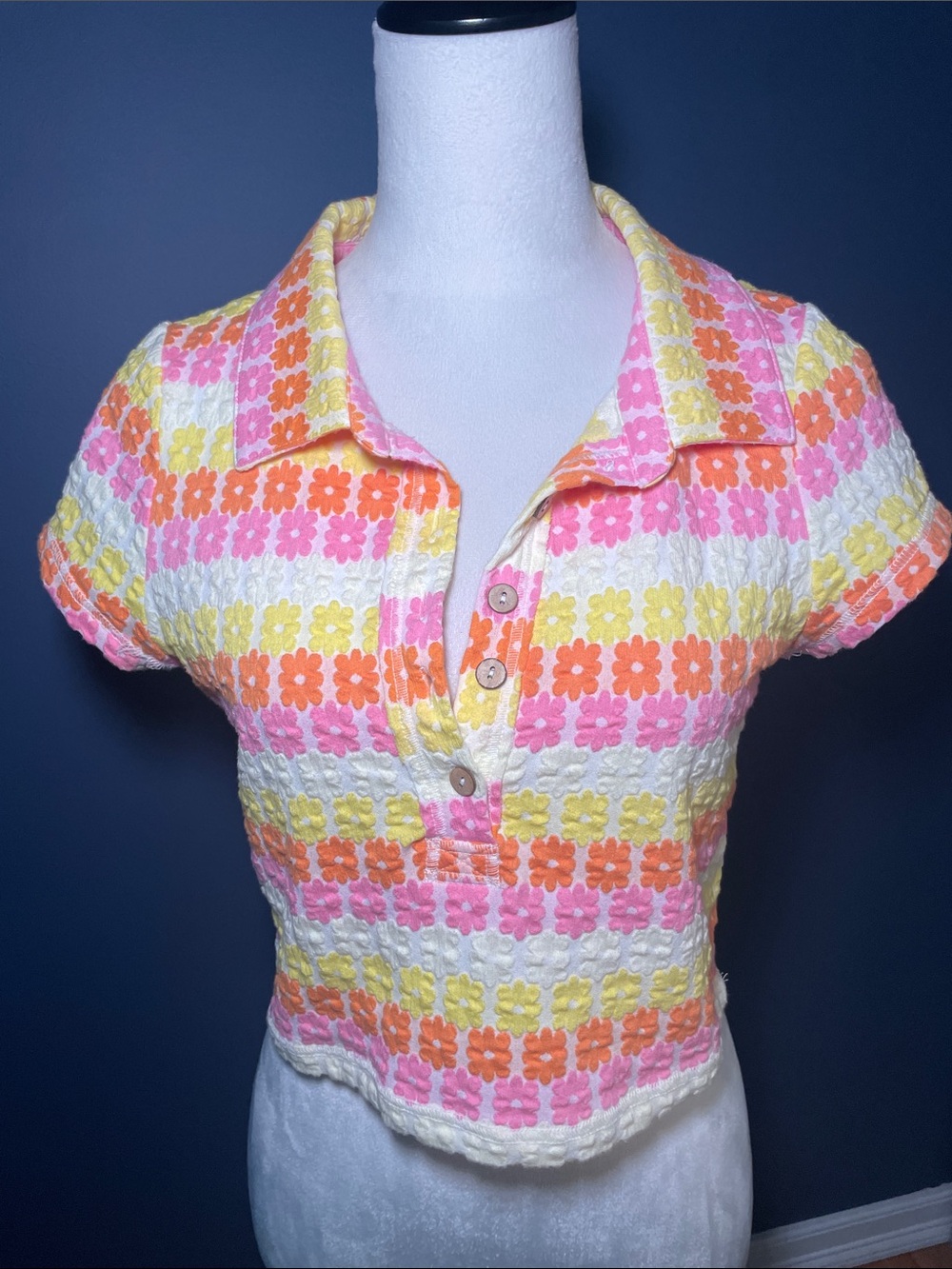 Free People Floral Crochet Polo Top in Pink, Orange & Yellow